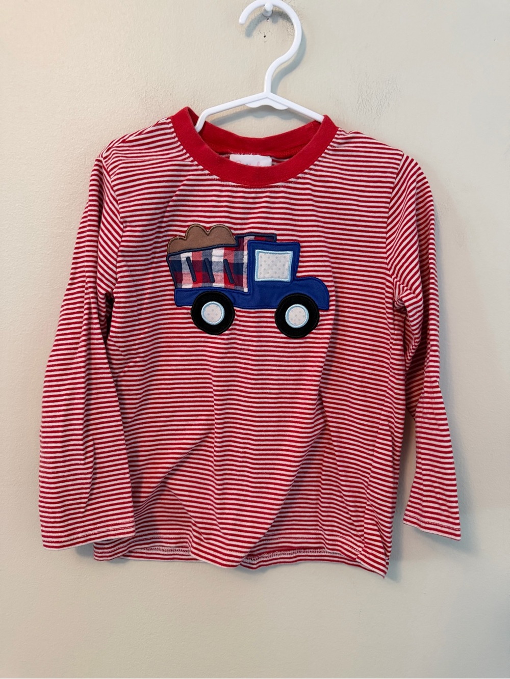 Stitchy fish Red Striped Kids Long-Sleeve Shirt with Truck Applique